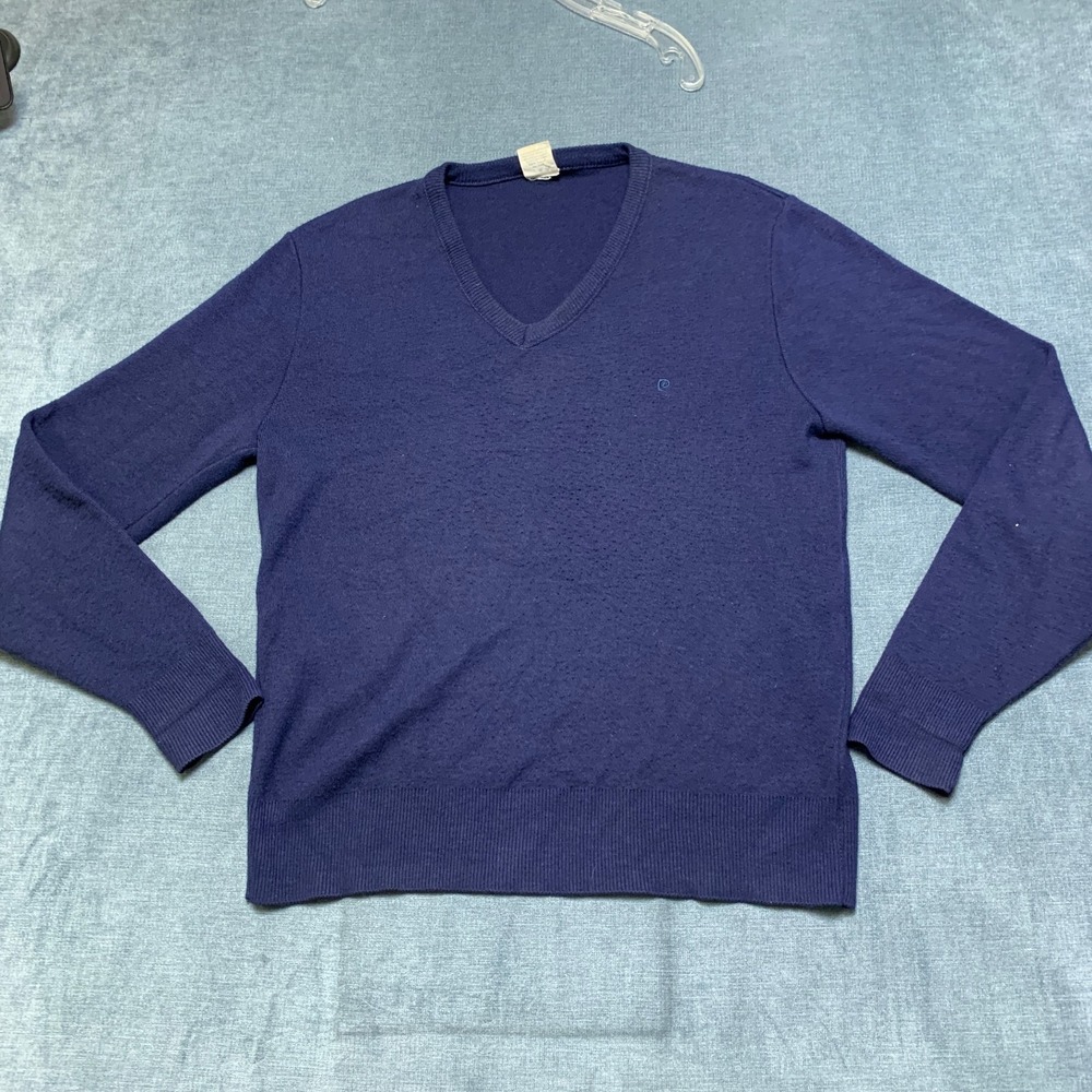 Vintage Pierre Cardin Sweater Men Large Blue Ribbed Knit Long Sleeve Logo V Neck